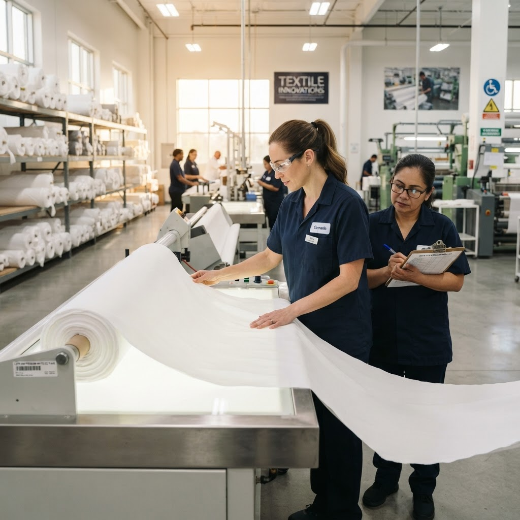 Workers inspecting fabric rolls in the X2Textiles facility
